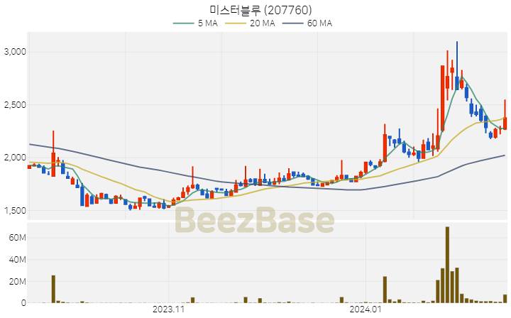 [주가 차트] 미스터블루 - 207760 (2024.02.14)